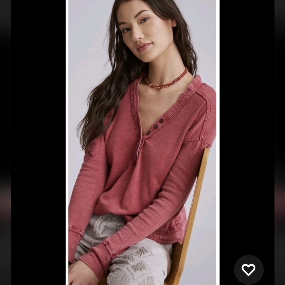 Pilcro Boho Henley Top Skater Streetwear Stretchy Distressed Faded Red Size L
